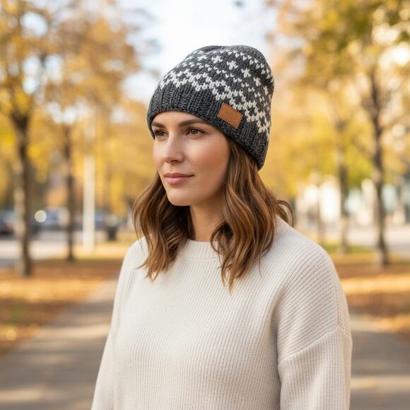Kyber Outerwear Knit Beanie Hat 100% Wool Nordic Stocking Fair Isle Fleece Lined - Picture 1 of 9